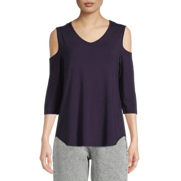 [B9] Nine.Eight Cold Shoulder Navy Blue Relaxed Blouse, Size Small - Picture 1 of 6